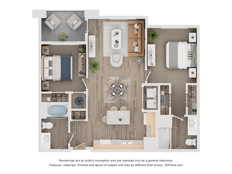 Floor plan for 2 beds, 2 baths, 934 sqft